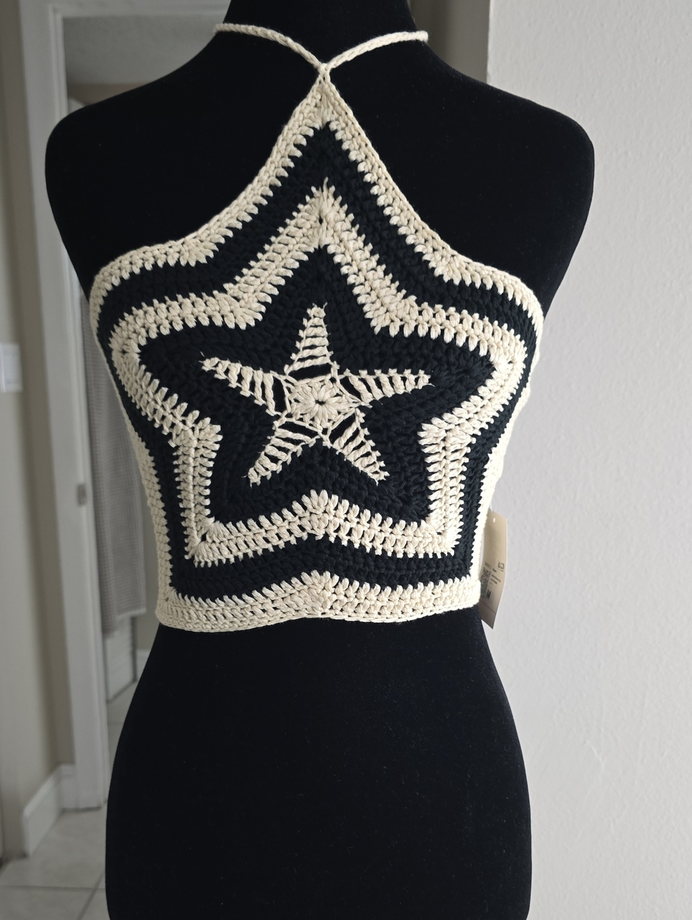 Forever 21 Black and Cream Crochet Star Halter Crop